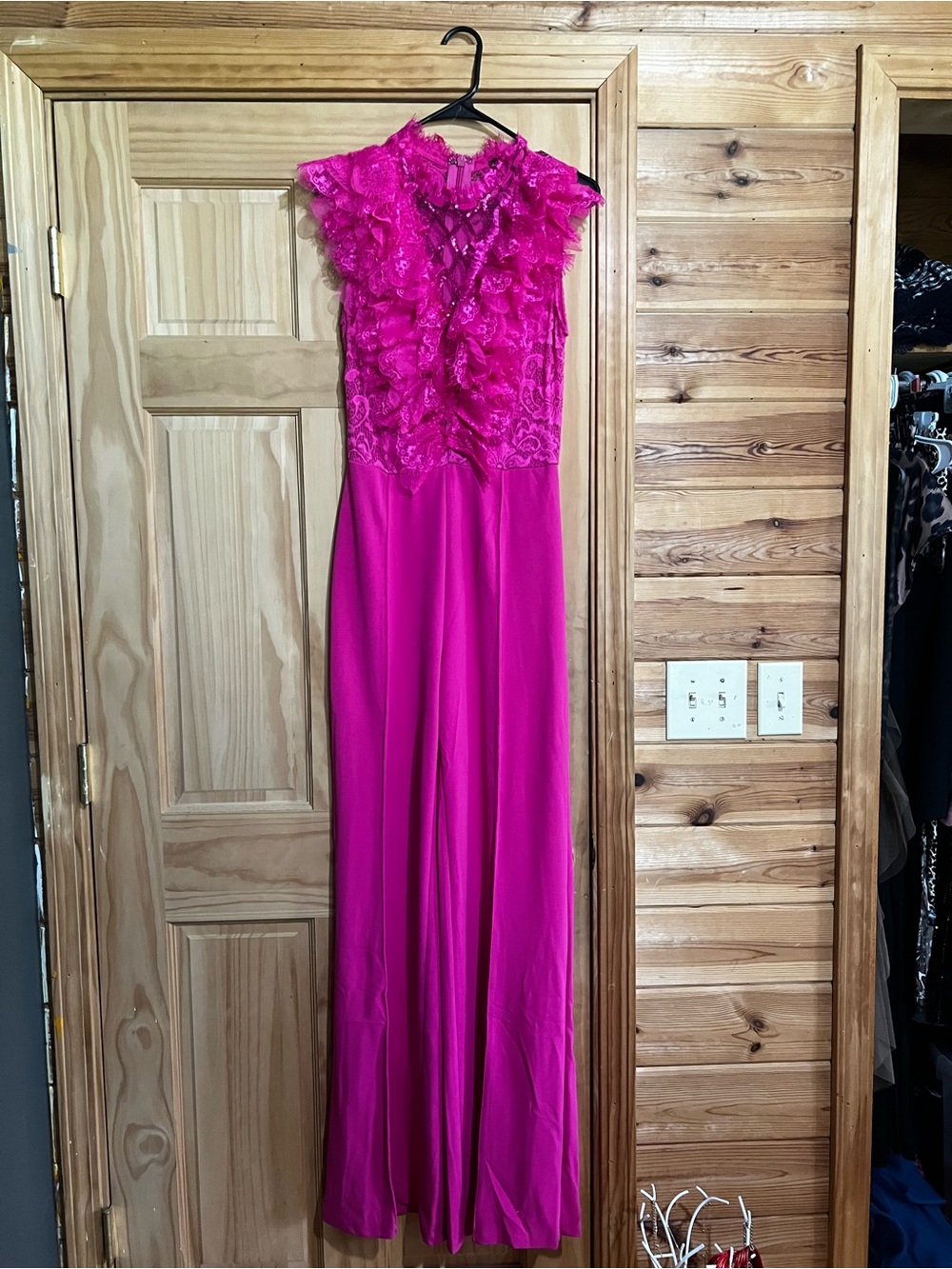 Women's One-Shoulder Fuchsia Lace Jumpsuit